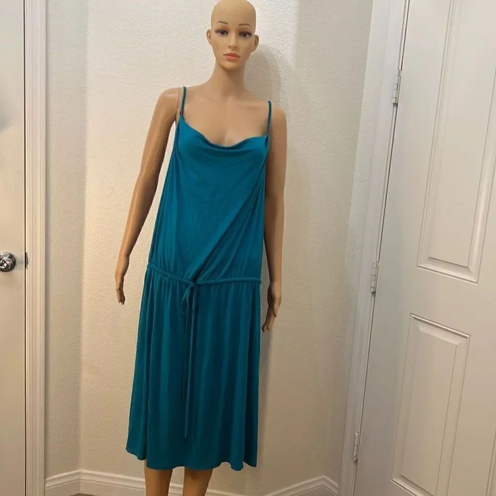 Lane Bryant Dress Drape Neck Spaghetti Straps Teal Brass Tie Elastic Waist Mini